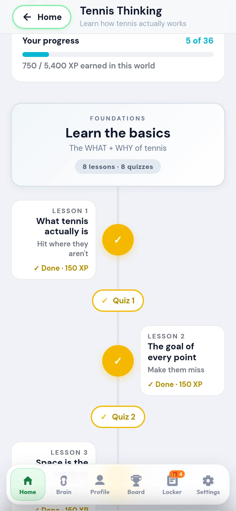 The Tennis Thinking lesson path on a phone