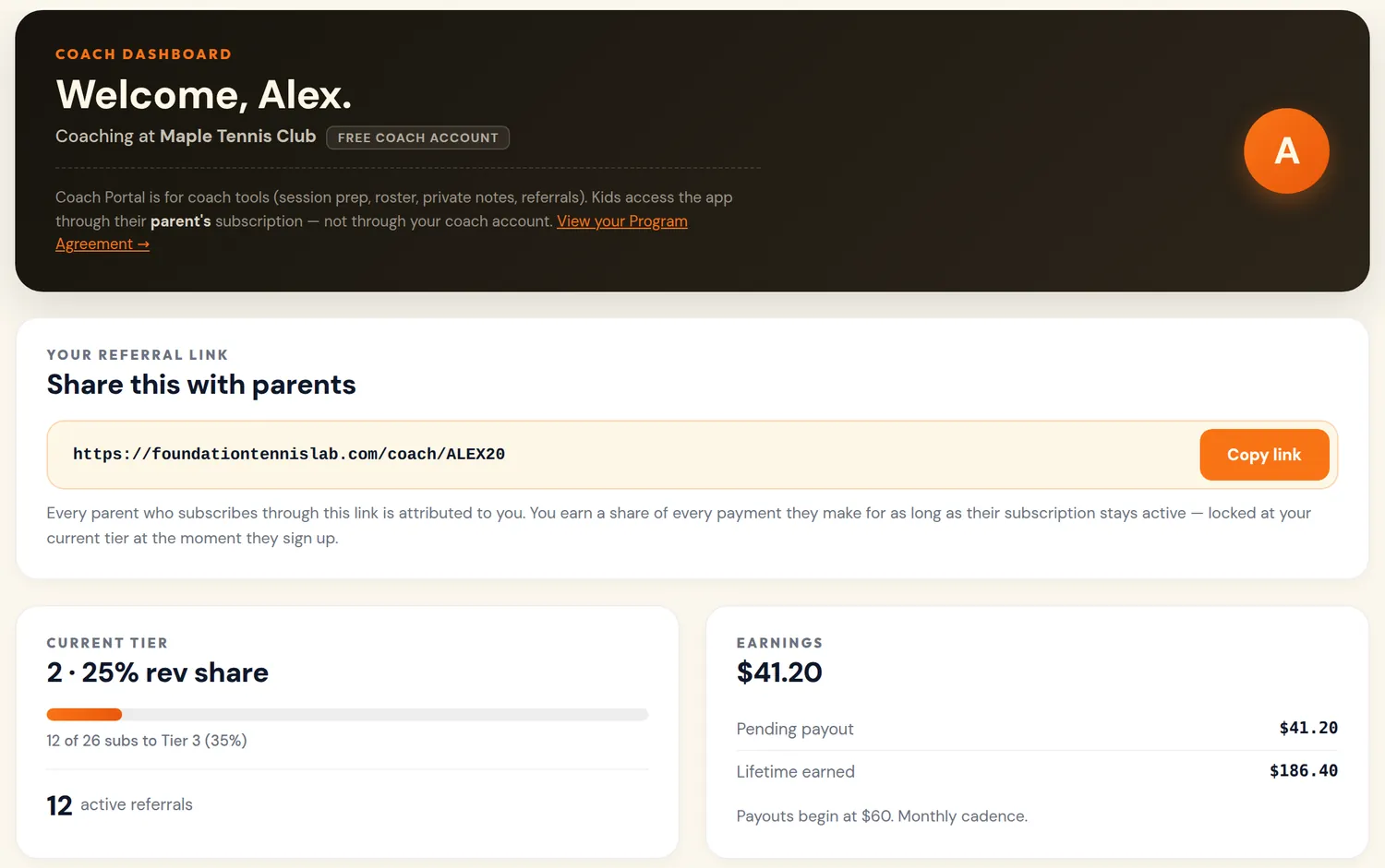 The coach dashboard: referral link, current tier and earnings