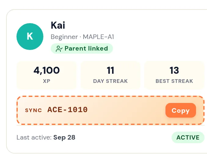 A student card in the coach roster: XP, streak and sync code