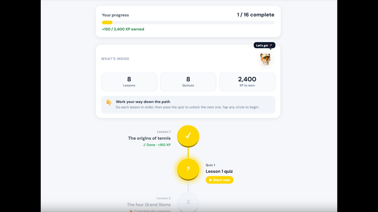 Duolingo-style lesson path with quizzes unlocking progress