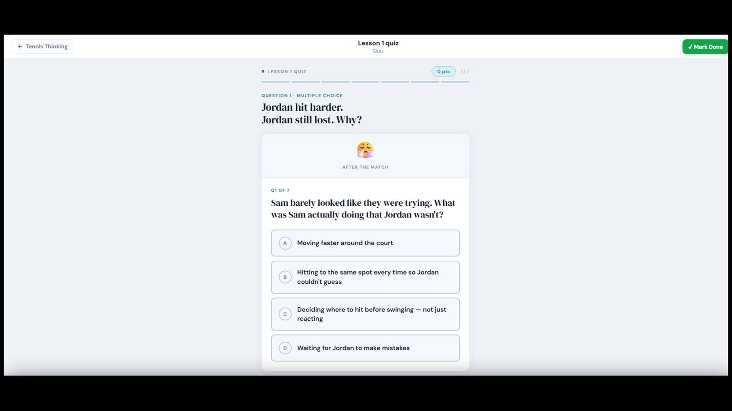 Scenario-based quiz question building tennis IQ