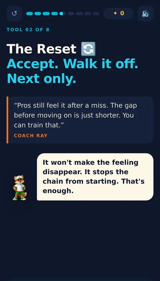 A screen from Foundation Tennis Lab: The Reset. Accept. Walk it off. Next only.