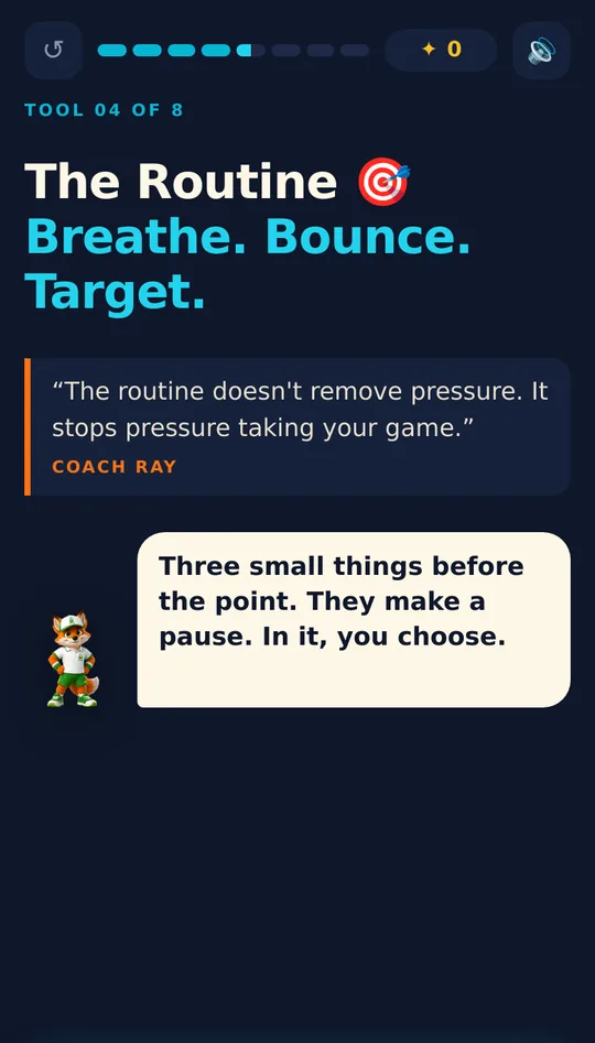 A screen from Foundation Tennis Lab: The Routine. Breathe. Bounce. Target.