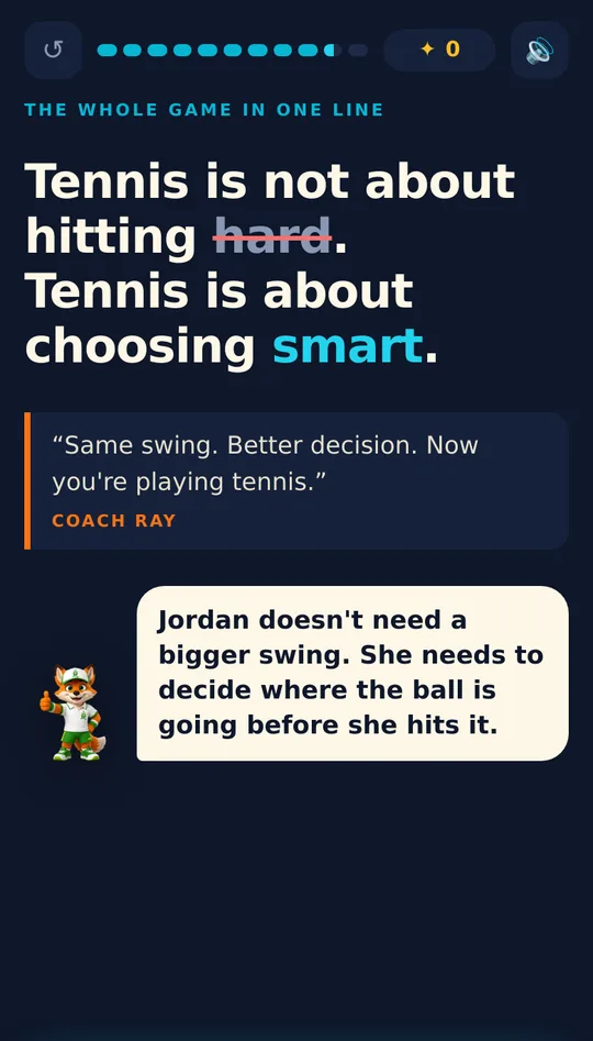 A screen from Foundation Tennis Lab: Tennis is not about hitting hard. Tennis is about choosing smart.