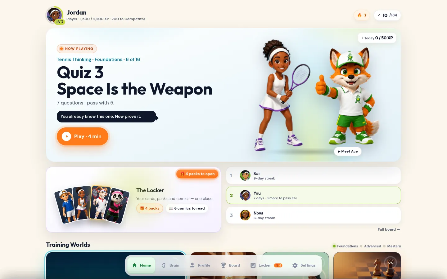 The app home screen on a computer: today's lesson, Ace the fox, the Locker with cards, and the leaderboard